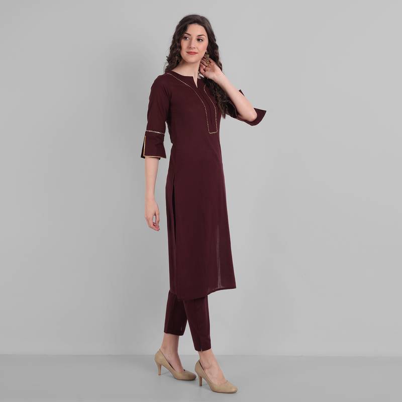 Cotton Casual Raspberry or Wine Solid Kurta With Pant  for Girls and Women in 45 Inch Length