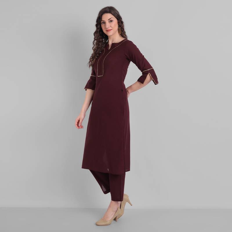 Cotton Casual Raspberry or Wine Solid Kurta With Pant  for Girls and Women in 45 Inch Length
