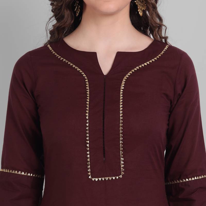 Cotton Casual Raspberry or Wine Solid Kurta With Pant  for Girls and Women in 45 Inch Length