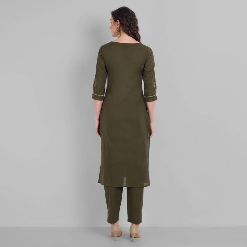Cotton Casual Dark Green Solid Kurta With Pant  for Girls and Women in 45 Inch Length
