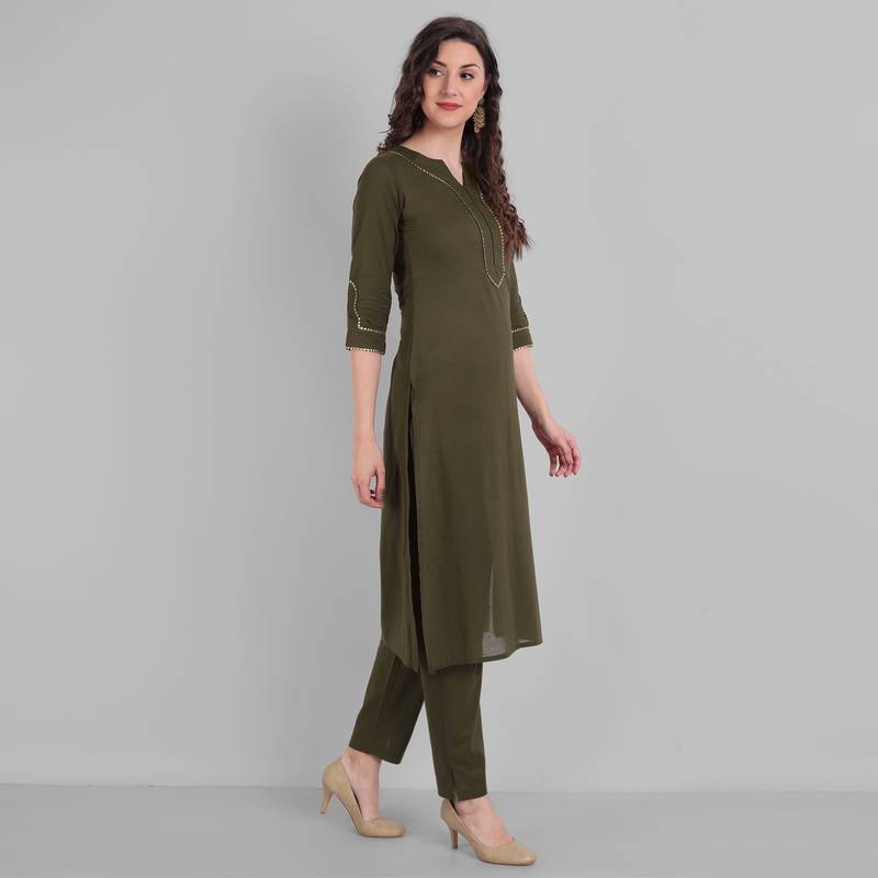 Cotton Casual Dark Green Solid Kurta With Pant  for Girls and Women in 45 Inch Length