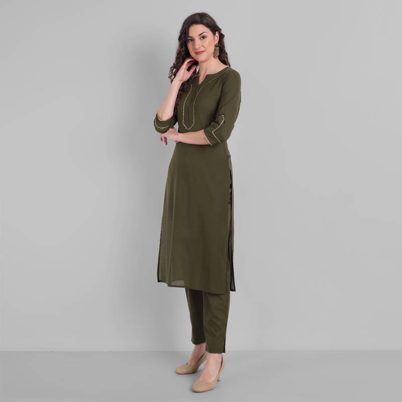 Cotton Casual Dark Green Solid Kurta With Pant  for Girls and Women in 45 Inch Length