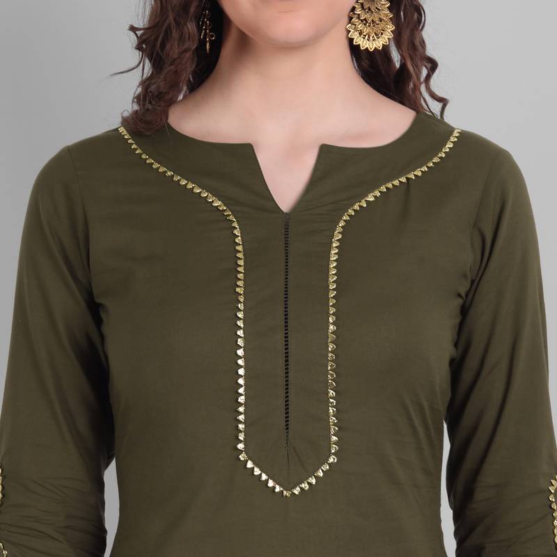 Cotton Casual Dark Green Solid Kurta With Pant  for Girls and Women in 45 Inch Length