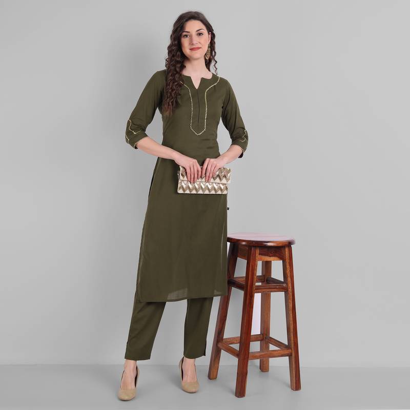 Cotton Casual Dark Green Solid Kurta With Pant  for Girls and Women in 45 Inch Length