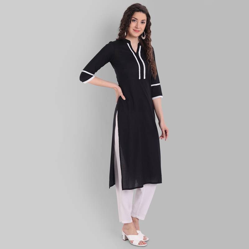 Cotton Casual Black Solid Kurta for Girls and Women in 46 Inch Length