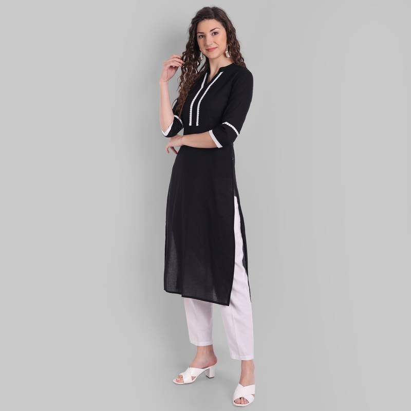 Cotton Casual Black Solid Kurta for Girls and Women in 46 Inch Length