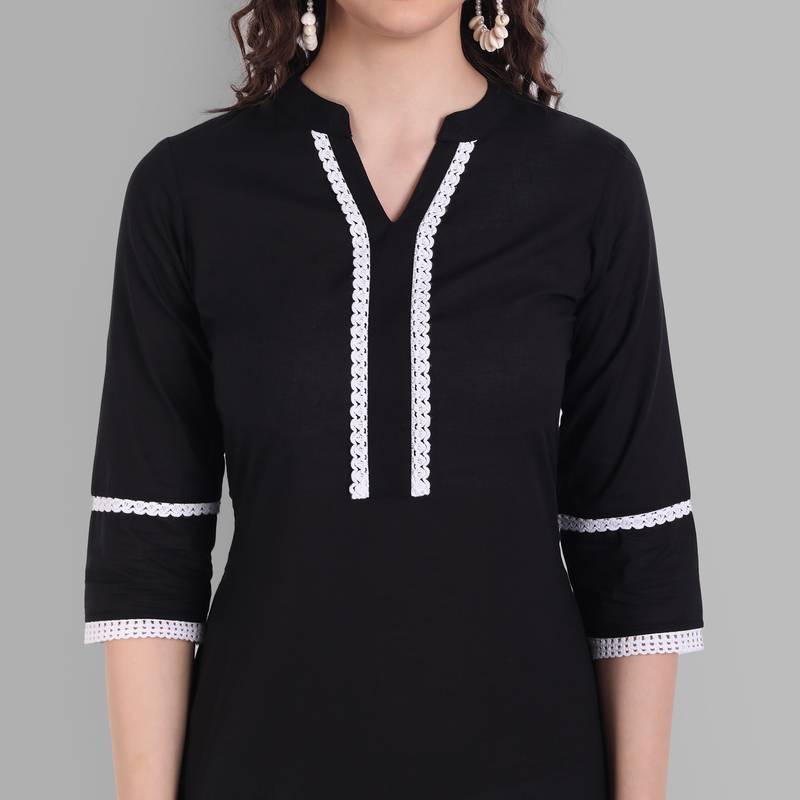 Cotton Casual Black Solid Kurta for Girls and Women in 46 Inch Length