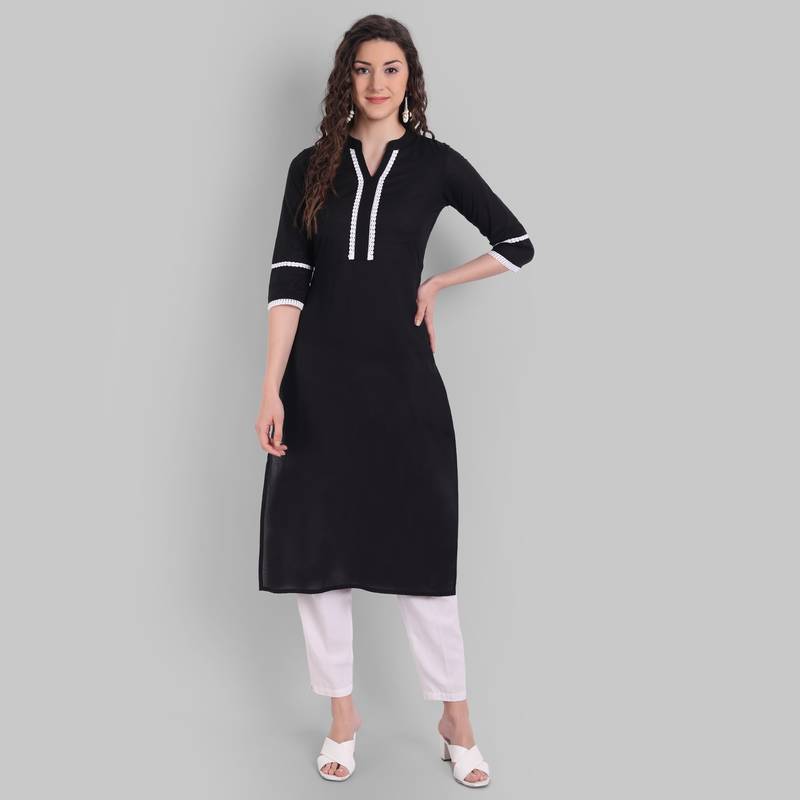 Cotton Casual Black Solid Kurta for Girls and Women in 46 Inch Length