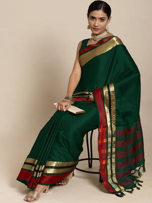 SAREE MALL Women's Aura Silk Green Woven Design Designer Saree With Blouse Piece 1