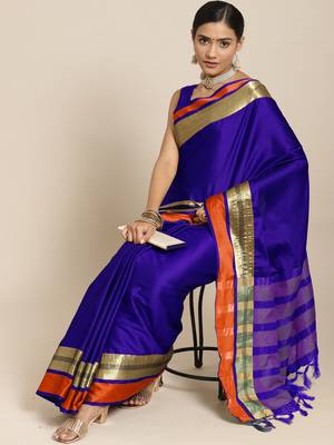 SAREE MALL Women's Aura Silk Blue Woven Design Designer Saree With Blouse Piece 1