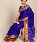 SAREE MALL Women's Aura Silk Blue Woven Design Designer Saree With Blouse Piece