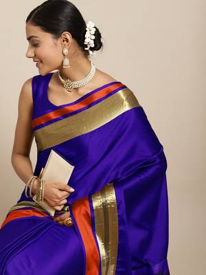 SAREE MALL Women's Aura Silk Blue Woven Design Designer Saree With Blouse Piece 3