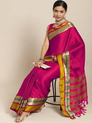SAREE MALL Women's Aura Silk Pink Woven Design Designer Saree With Blouse Piece 1