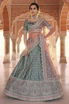Rama Green Zarkan, Dori, and Thread embroidered satin Designer lehenga