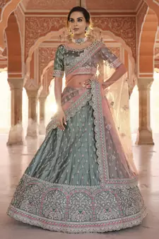 Rama Green Zarkan, Dori, and Thread embroidered satin Designer lehenga