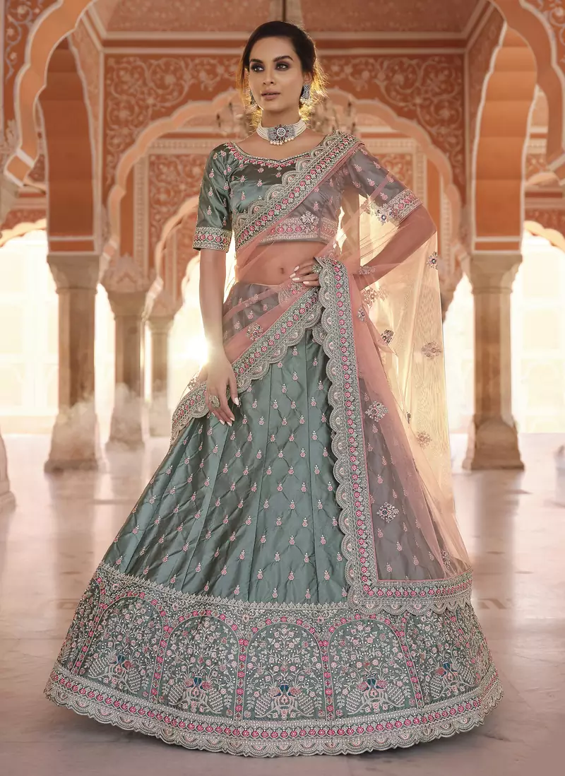 Rama Green Zarkan, Dori, and Thread embroidered satin Designer lehenga