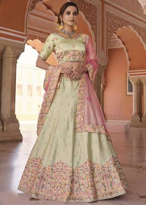 Eye-catching Pista green Zarkan with Sequins embroidered Satin Wedding Lehenga 1
