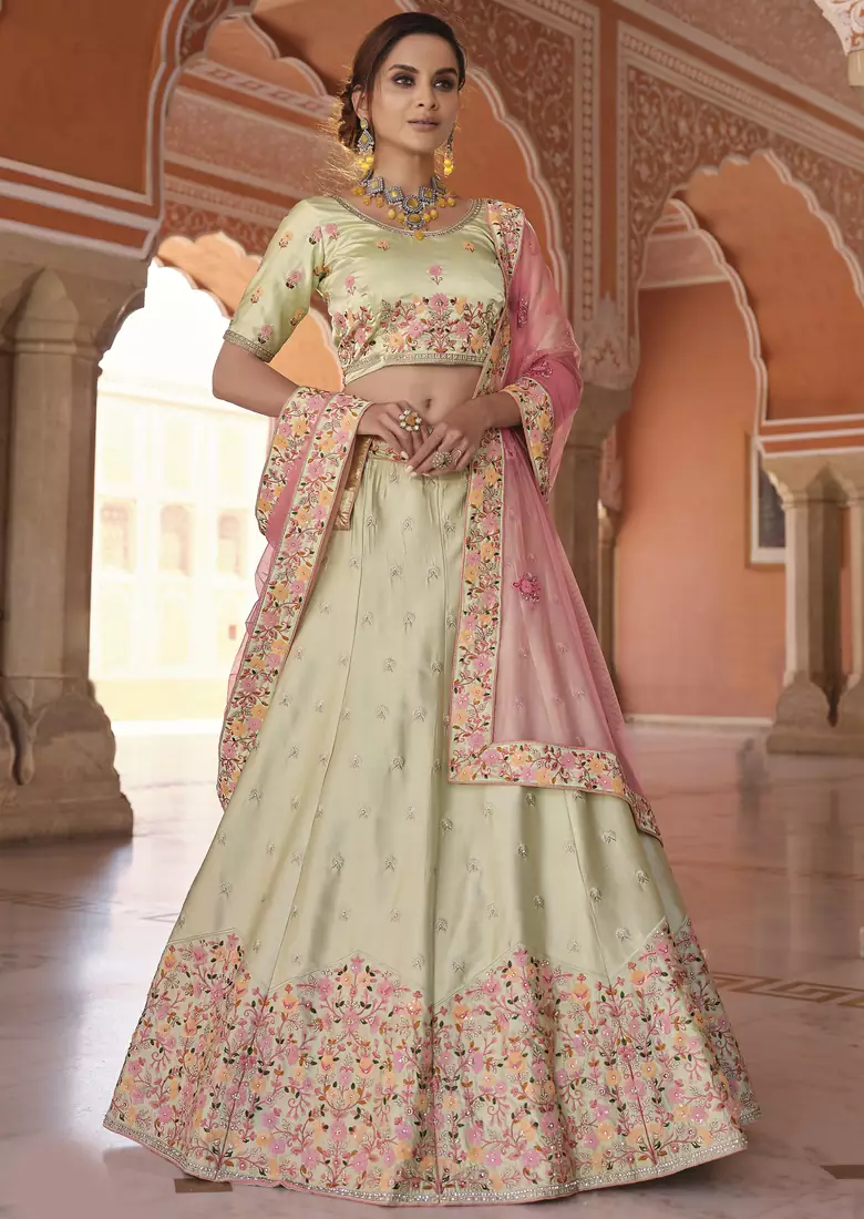 Pista green Zarkan with Sequins embroidered Satin Wedding lehenga