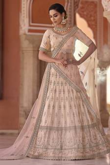 Peach thread embroidered with zarkan crepe silk  semi stitched designer lehenga