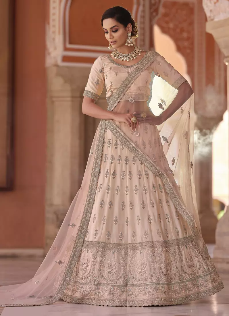 Peach thread embroidered with zarkan crepe silk  semi stitched designer lehenga