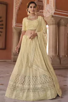 Light-yellow sequins and thread embroidered with foil mirror work georgette semi stitched designer lehenga