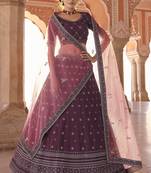Hypnotizing Wine dori and thread embroidered with zarkan crepe designer Lehenga choli