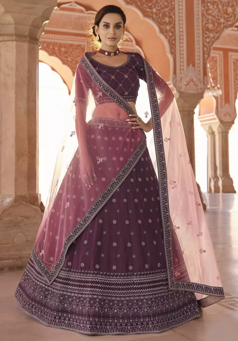 Wine dori and thread embroidered with zarkan crepe semi stitched designer lehenga