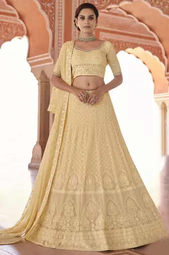 Light-yellow sequins and thread embroidered georgette semi stitched designer lehenga