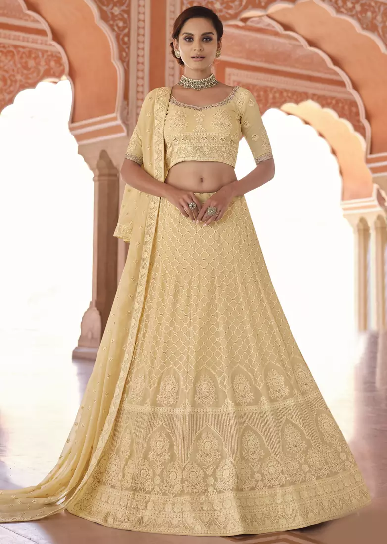 Light-yellow sequins and thread embroidered georgette semi stitched designer lehenga