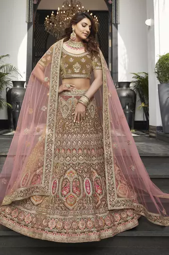 Olive green zarkan, thread, zari, dori, and sequins embroidered velvet semi stitched lehenga