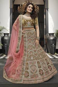 Olive green zarkan, thread, zari, dori, and sequins embroidered velvet semi stitched lehenga