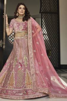 Mauve zarkan, thread, zari, dori, and sequins embroidered velvet semi stitched lehenga