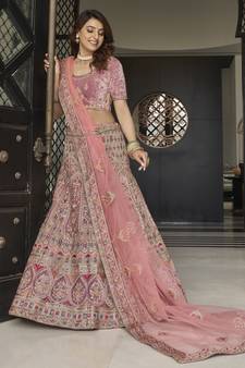 Mauve zarkan, thread, zari, dori, and sequins embroidered velvet semi stitched lehenga