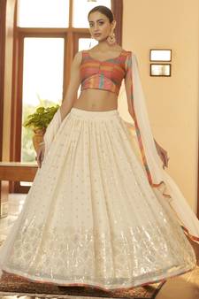 Beige Embellished Mukaish work Georgette semi stitched lehenga
