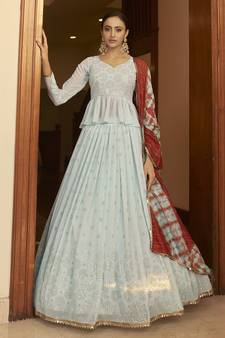 Sky Embellished Mukaish work Georgette semi stitched lehenga