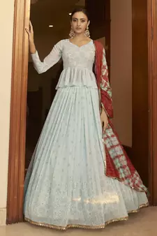 Sky Embellished Mukaish work Georgette semi stitched lehenga