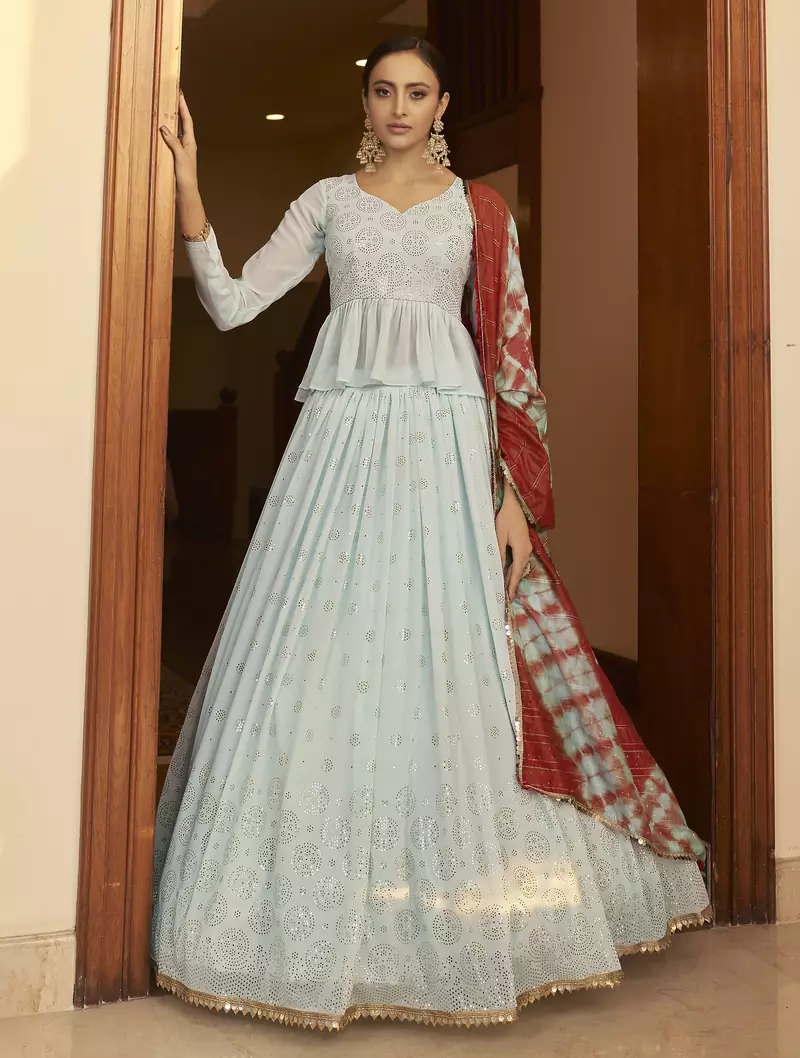 Sky Embellished Mukaish work Georgette semi stitched lehenga