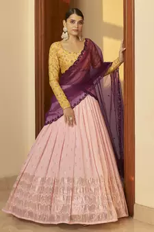Pink Embellished Mukaish work Georgette semi stitched lehenga