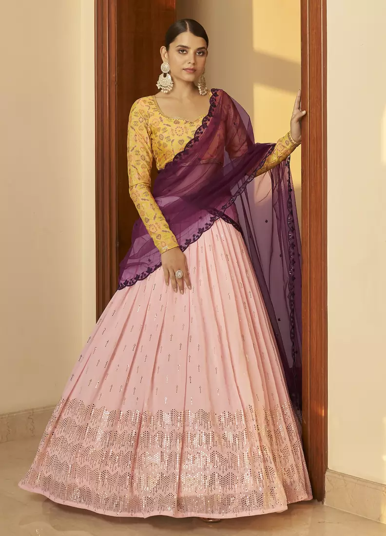 Pink Embellished Mukaish work Georgette semi stitched lehenga
