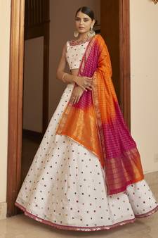 White Thread with Sequance Embroidered with mirror work Art Silk semi stitched lehenga