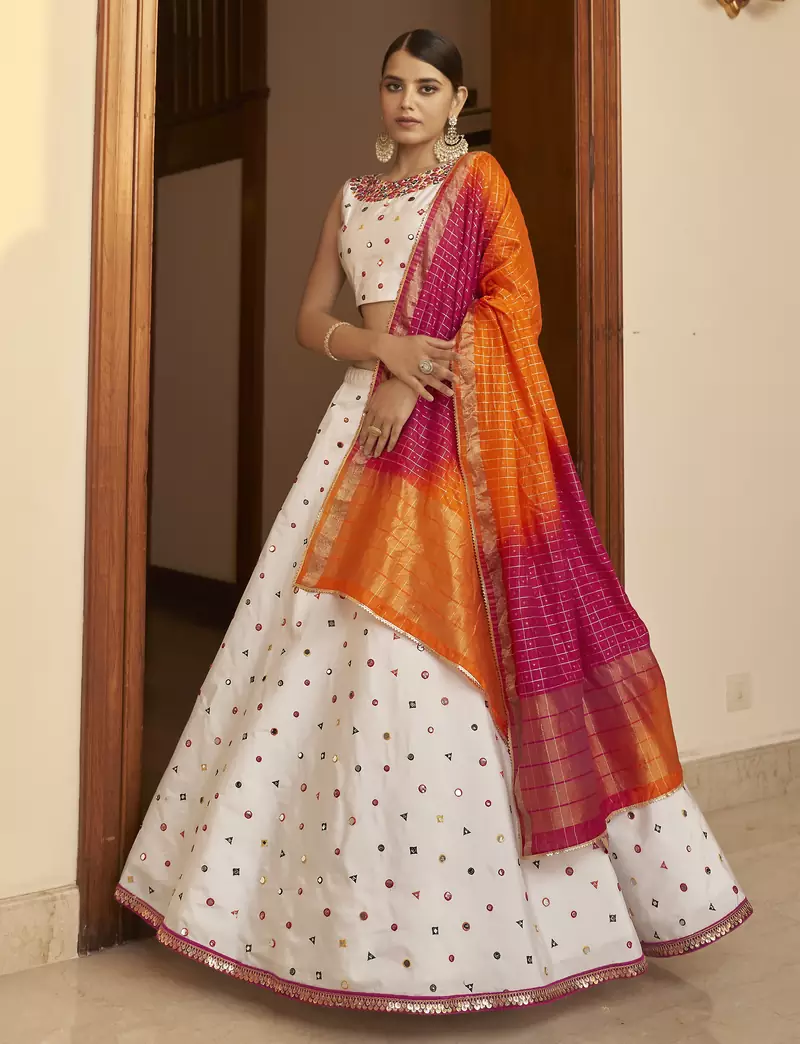 White Thread with Sequance Embroidered with mirror work Art Silk semi stitched lehenga