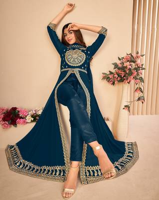 Turquoise embroidered faux georgette salwar 1
