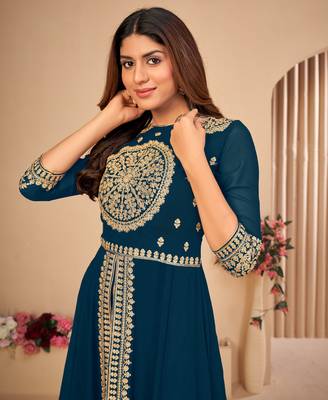 Turquoise embroidered faux georgette salwar 2