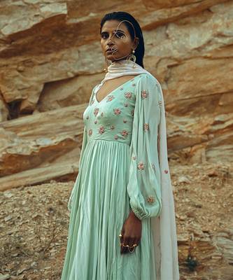 Mint Blue Balloon Sleeves Anarkali 2
