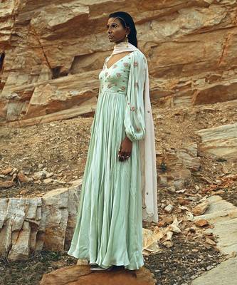 Mint Blue Balloon Sleeves Anarkali 3