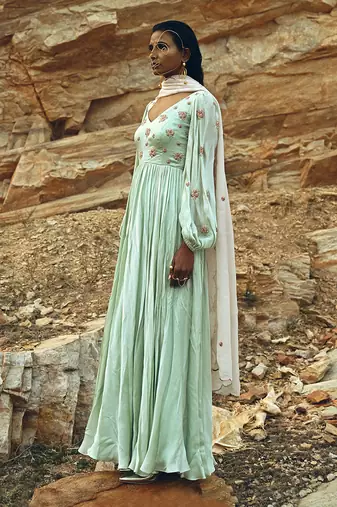 Mint Blue Balloon Sleeves Anarkali