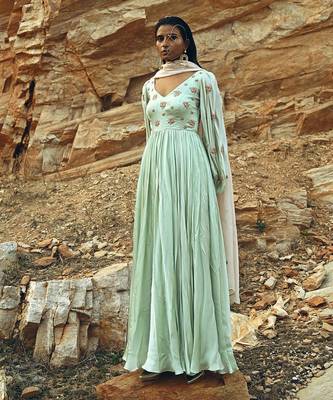 Mint Blue Balloon Sleeves Anarkali 1