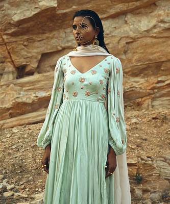 Mint Blue Balloon Sleeves Anarkali 4