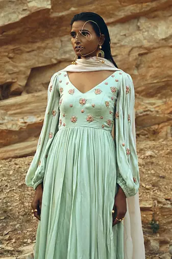 Mint Blue Balloon Sleeves Anarkali