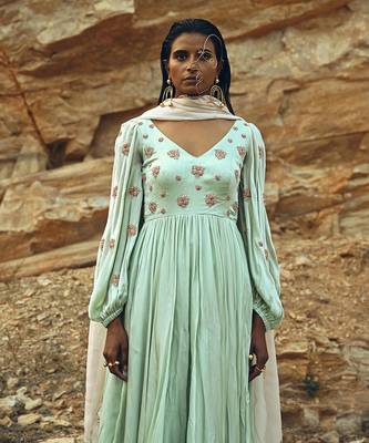 Mint Blue Balloon Sleeves Anarkali 5
